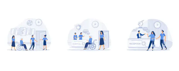 Vector illustration of Hospital reception, healthcare concept, Man asks a question to the hospital register office, set flat vector modern illustration