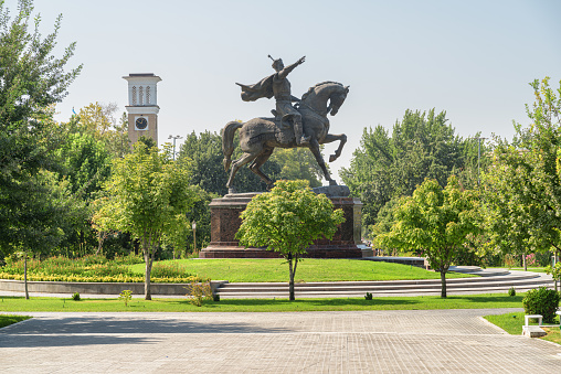 Tashkent, Uzbekistan - 2 September, 2022: View of Monument of Amir Timur (Tamerlane). The Turco-Mongol conqueror bronze figure sitting on a horse is a popular tourist attraction of Central Asia.