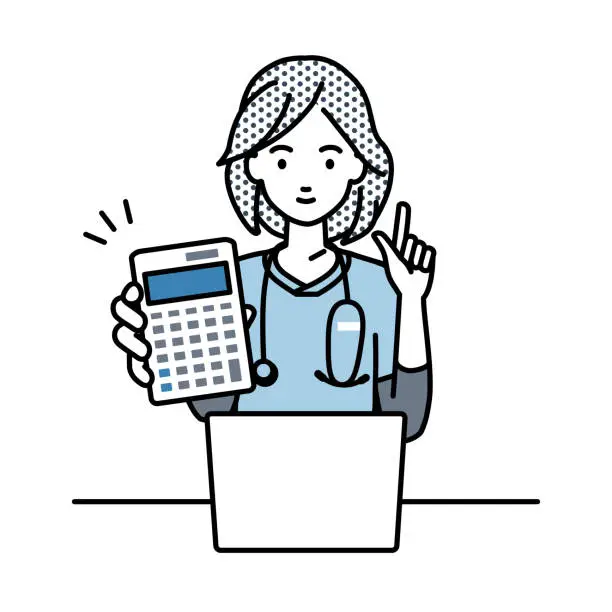 Vector illustration of a nurse woman recommending, proposing, showing estimates and pointing a calculator with a smile in front of laptop pc