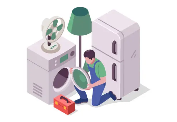 Vector illustration of Isometric household appliances repair concept. Repair support service