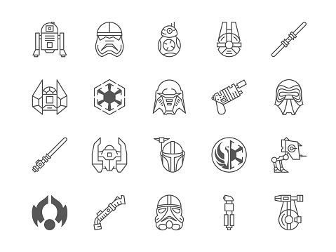 Star alliance icons. Rebel wars. Space Jedi from Asteroid. Glyphs and spaceship. Skull mask. Earth globe and moon. Cosmic line symbols. Lights saber and gun. Movie signs. Vector flat pictograms set