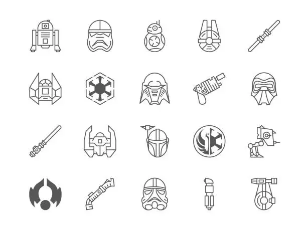 Vector illustration of Star alliance icons. Rebel wars. Space Jedi from Asteroid. Glyphs and spaceship. Skull mask. Earth and moon. Cosmic line symbols. Lights saber. Movie signs. Vector flat pictograms set