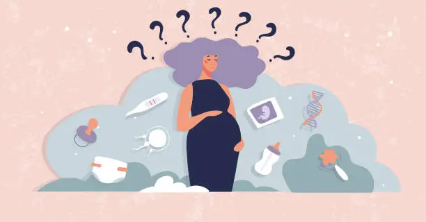 Vector illustration of Fears, doubts and difficulties of pregnancy concept banner, question marks around pregnant woman, single mother modern card. Flat cartoon vector illustration.