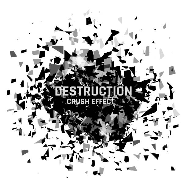 ilustraciones, imágenes clip art, dibujos animados e iconos de stock de destrucción devastadora. vidrios rotos. efecto aplastamiento. fragmentos explosivos. desintegrar escombros. explosión de ventanas. las astillas 3d se dispersan. pintura negra geométrica creativa. fondo del concepto vectorial - exploding breaking impact glass