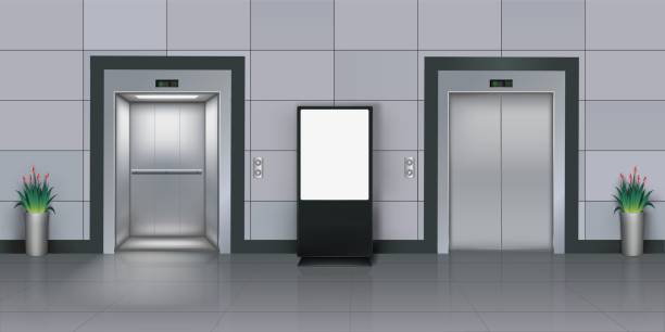 istock Building hallway interior with elevator and lightbox. Lift doors. Office poster mockup. TV screen in hotel lobby. Billboard stand. Tiled walls and floor. Vector realistic illustration 1501392381
