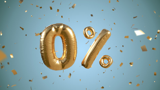 3d rendering zero percent letter gold balloon metalic on blue color background.