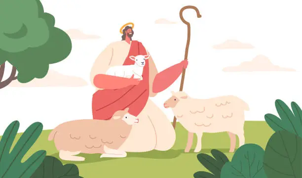 Vector illustration of Beautiful Scene Depicts Jesus Character The Shepherd Holding Lamb, Surrounded By A Flock Of Sheep On A Verdant Meadow