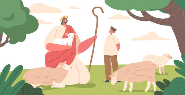 Scene Of Jesus Christ Character As A Shepherd, Surrounded By Gentle Sheep With A Lamb On Hands, Vector Illustration Serene Scene Of Jesus Christ Character As A Shepherd, Surrounded By Gentle Sheep with a Lamb on Hands, While A Child Joins Them On A Vibrant Summer Meadow. Cartoon People Vector Illustration shepherd sheep lamb bible stock illustrations