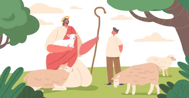 Vector illustration of Scene Of Jesus Christ Character As A Shepherd, Surrounded By Gentle Sheep With A Lamb On Hands, Vector Illustration