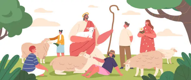 Vector illustration of Jesus Shepherd Character Lovingly Guides A Flock Of Sheep On A Beautiful Summer Meadow, Vector Illustration