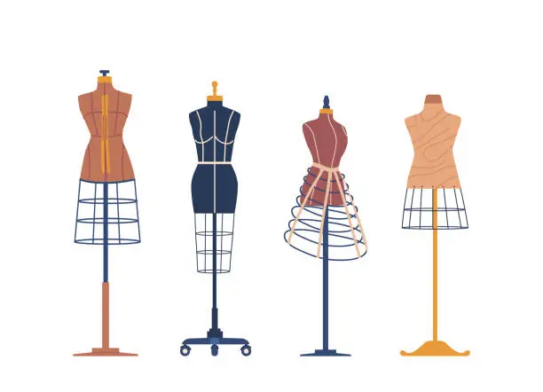 Vector illustration of Vintage Sewing Mannequins, Essential Tool For Dressmakers And Fashion Designers, Provide Representation Of Human Form