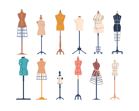 Adjustable Sewing Mannequins For Garment Sewing, Made Of Durable Materials, It Provides Women, Men and Kids Body Shapes And Sizes For Accurate Fitting And Designing. Cartoon Vector Illustration