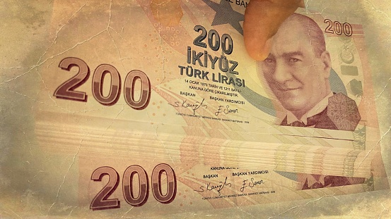 200 Turkish Lira Banknotes. The elegance of Turkey's currency. Old photo effects.