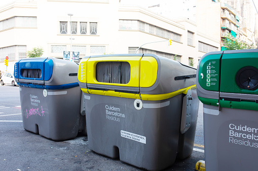 Barcelona, Catalonia - October 16, 2022: Trash cans (garbage bins) in Spain. Barcelona.