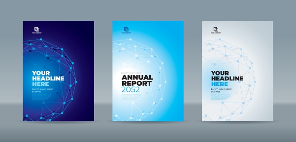 Random blue dots connected by lines form a polygonal globe on a blue and white background. A4 size book cover template for annual report, background, banner, book, brochure, business, catalog
