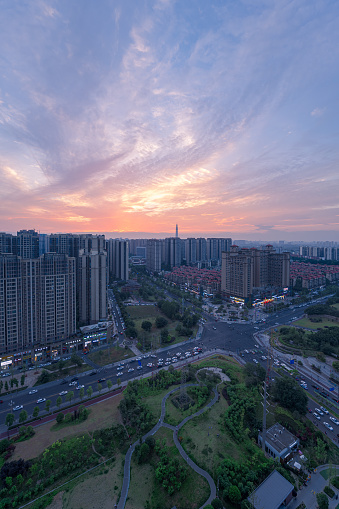 It's sunset dusk in the residential buildings of Chengdu city