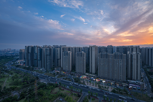 It's sunset dusk in the residential buildings of Chengdu city
