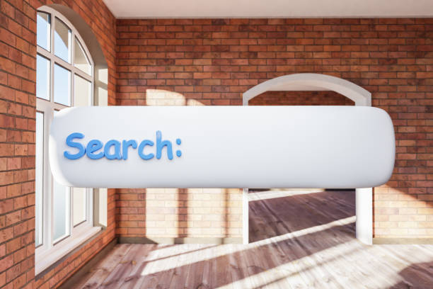 istock search box text floating in air standing in luxurious loft apartment with arched window and minimalistic interior living room design; 3D Illustration 1501422854