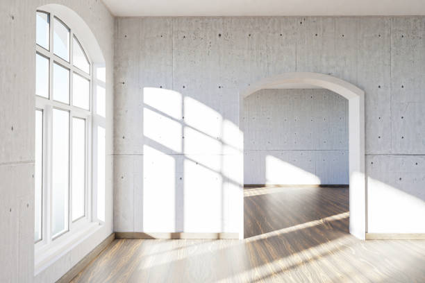 istock luxurious loft apartment with arched window and minimalistic interior living room design; 3D Illustration 1501426809