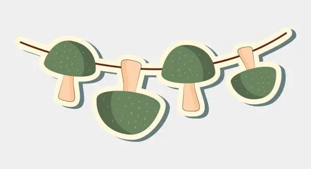 Vector illustration of Dried mushrooms on string sticker. Vector mushroom sticker.