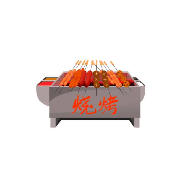 Vector illustration of Delicious grilled bbq goat skewer street food .Traditional Chinese Street Food, Skewers Meat On Barbecue Grill At Food Stall