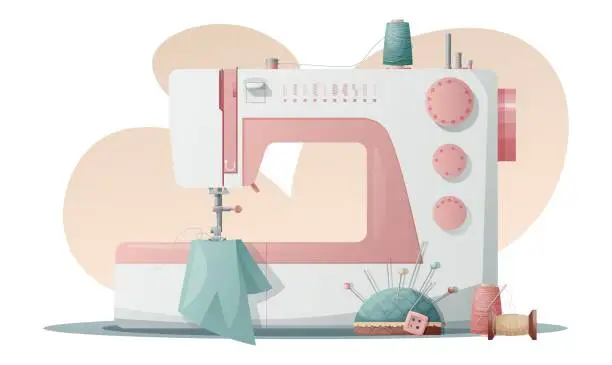 Vector illustration of Illustration of a sewing machine with threads and a needle bed on a white background.Sewing tools, needlework, hobby, craft,workplace.