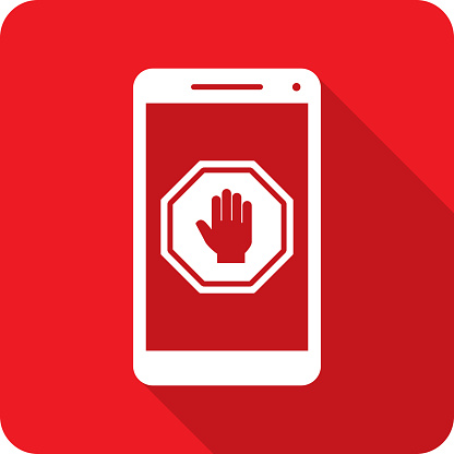 Vector illustration of a smartphone with stop sign hand icon against a red background in flat style.