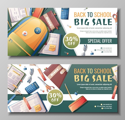 Back to school discount banner template. Learning, knowledge, education. Flyer, poster with textbooks, books backpack stationery