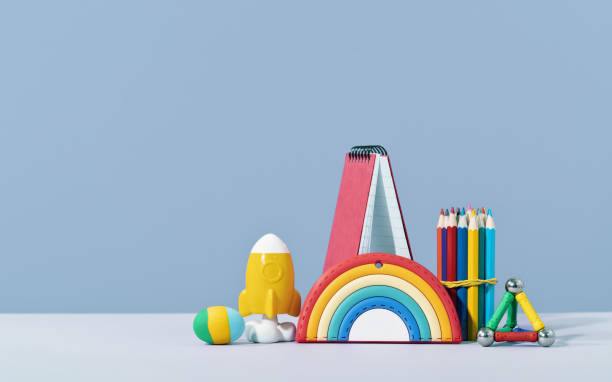 istock Colored stationery with rocket and pencils on blue background 1501459733