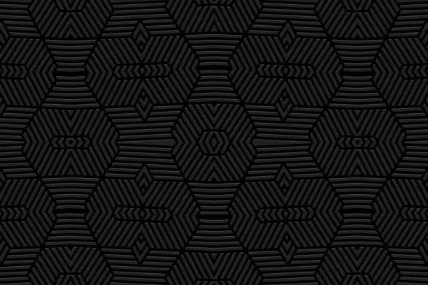 Vector illustration of Embossed abstract black background, cover ethnic design. Geometric 3D pattern of lines, stripes and contours, press paper, leather. Tribal flavor of the East, Asia, India, Mexico, Aztec.