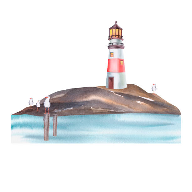istock Lighthouse on the rocks with seagulls watercolor illustration. Hand painted card with norwegian house isolated on white background. 1501469131