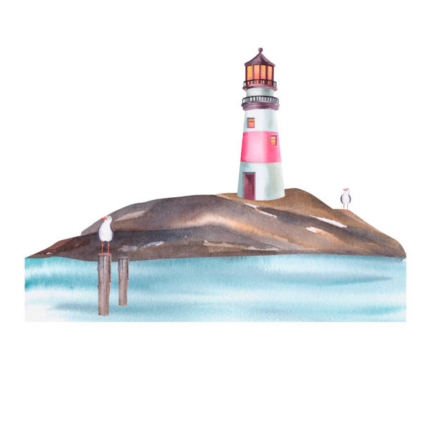 istock Lighthouse on the rocks with seagulls watercolor illustration. Hand painted card with norwegian house isolated on white background. 1501469137