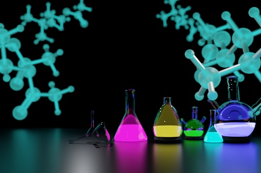 Fluorescent liquid in laboratory glassware. Image of synthesis, where compounds are freely manipulated to create the desired new compound. Ideal for cover pages of experimental training, for example, or comparable to programmes, booklets and books designed to interest children in science.
This image was not created by AI.