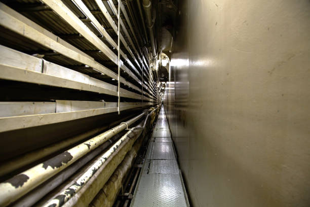istock A long, narrow gloomy tunnel on a ship. 1501479299