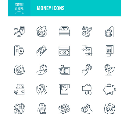 Money Shield Icons. Editable Stroke. For Mobile and Web. Contains such icons as Currency, Icon, Coin, Paper Currency, Outline, Online Banking