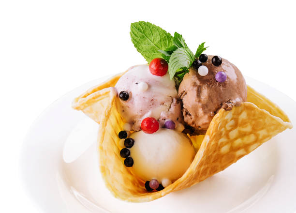 istock Three scoops of natural organic fruit ice cream in a wafer cup 1501495056