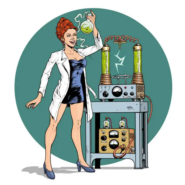 Vector illustration of Evil scientist woman making chemical experiment, holding a flask with a green substance. Laboratory equipment in the background. Vector illustration