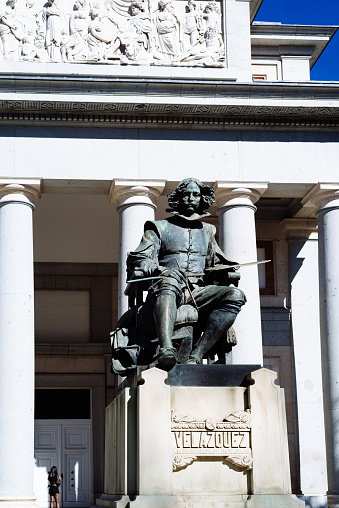 Madrid, Spain - March 19, 2023: Statue of Diego Velazquez the famous Spanish painter in Prado Museum