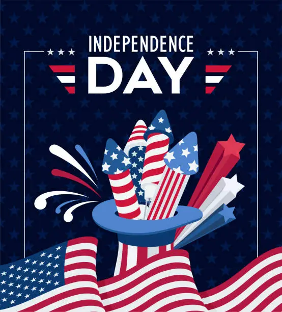 Vector illustration of USA firework, rocket and stars. Happy Independence Day. Fourth of July. 4th of July Banner.