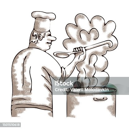 istock The cook prepares food, hand drawn cartoon chef, caricature drawing, isolated 1501510618