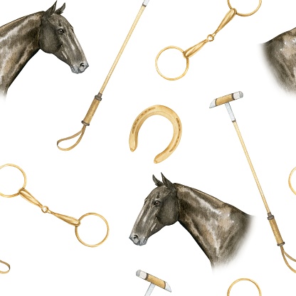 Seamless minimalistic pattern with hand drawn watercolor illustrations of golden horseshoes and snaffles, horse polo sticks, horse portrairs, isolated. Can be used as a print for clothes. Print on the theme of horses and equestrianism