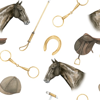 Seamless minimalistic pattern with hand drawn watercolor illustrations of golden horseshoes and snaffles, horse polo sticks, horse portrairs, saddles, isolated. Can be used as a print for clothes. Print on the theme of horses and equestrianism