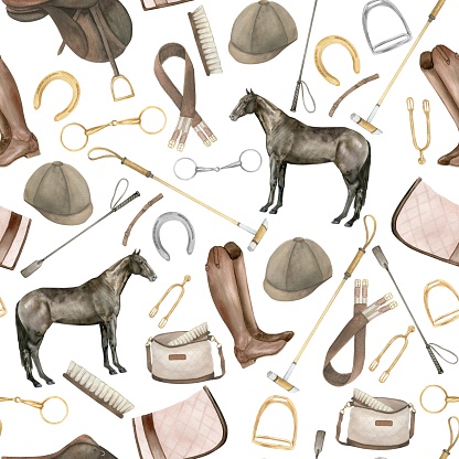 Seamless minimalistic pattern with watercolor illustrations of golden horseshoes and snaffles, saddle, boots, helmet, pad, horse polo sticks , isolated. Can be used as a print for clothes. Print on the theme of horses and equestrianism