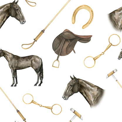 Seamless minimalistic pattern with hand drawn watercolor illustrations of golden horseshoes and snaffles, horse polo sticks, horse portrairs, saddles, isolated. Can be used as a print for clothes. Print on the theme of horses and equestrianism