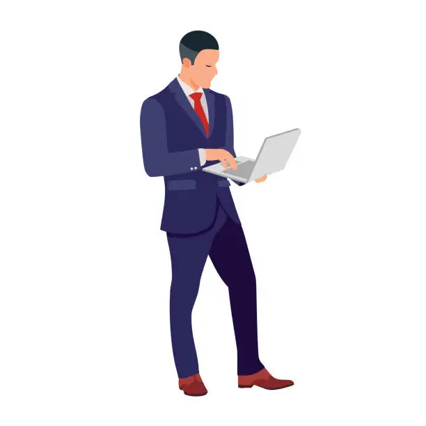 Vector illustration of Businessman with laptop flat design.Adult employee in suit stands to working