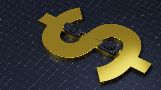 Two tanks on a US dollar sign. Military expenses or military industry profit/investment concept.