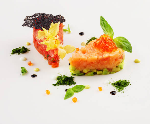 istock salmon and beef tartare on white plate 1501587640