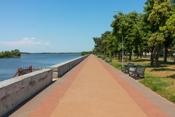 Embankment of the Dnieper river (Dnipro) in Kremenchuk city, Ukraine stock photo