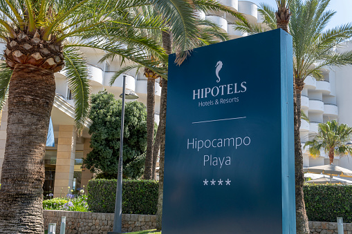 Cala Millor, Spain; june 17 2023: Main facade of the hotel Hipotels Hipocampo Playa in the Majorcan tourist resort of Cala Millor, Spain