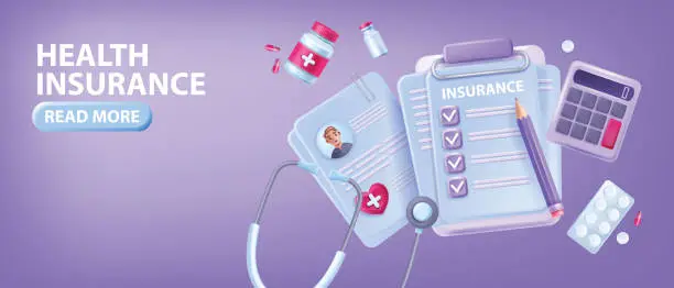 Vector illustration of 3D health insurance banner, family hospital vector healthcare safety polis concept, clipboard, bills.